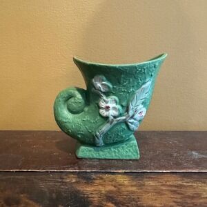 Roseville Pottery Cornucopia Vase Green‎ Floral Blossom Vintage 754-4 1/2 Art